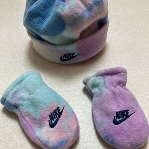 Nike Kids Pastel Tie-Dye Fleece Mittens and Beanie Set - Blue Pink Lavender Mint